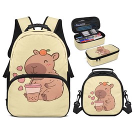 Dserfgiu Capybara Kids Backpack Lunch Bag Pencil Case Set Yellow 3-in-1 School Bundle with Bookbag, Insulated Lunch Tote, Pencil Organizer Yellow Design & Adjustable Straps