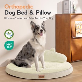 Large Dog Bed Orthopedic Dog Beds for Extra Large Dogs with Washable Removable Cover Waterproof Pet Beds with Pillow-Beige