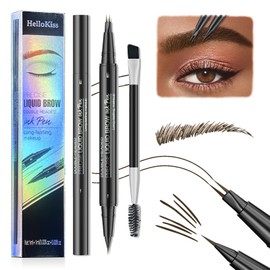 Hello Kiss Curved Eyebrow Pen, Trailott Eyebrow Pen 2 Fork Tip, Hello Kiss Microblading Eyebrow Pencil Waterproof, Hellokiss Curved Microblading Liquid Eyebrow Pen Long-Lasting (04#BLACK BROWN)