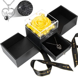 Gifts for Mom from Daughter and Son, Unique Mother Birthday Gift Idea, Preserved Yellow Real Roses with I Love You in 100 Languages Mom Necklace, Cool Present to Mother Mama on Valentine's Day-Yellow