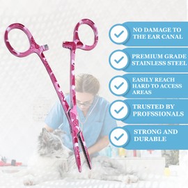 Dog Cat Pet Ear/Nose Hair Puller Grooming Hemostat Locking Forceps Straight Pliers, 5.5" (14cm) - Full Serrated Clamps - Made of Stainless Steel - Pink Hearts Pattern Forceps for Personal Use & Gifts