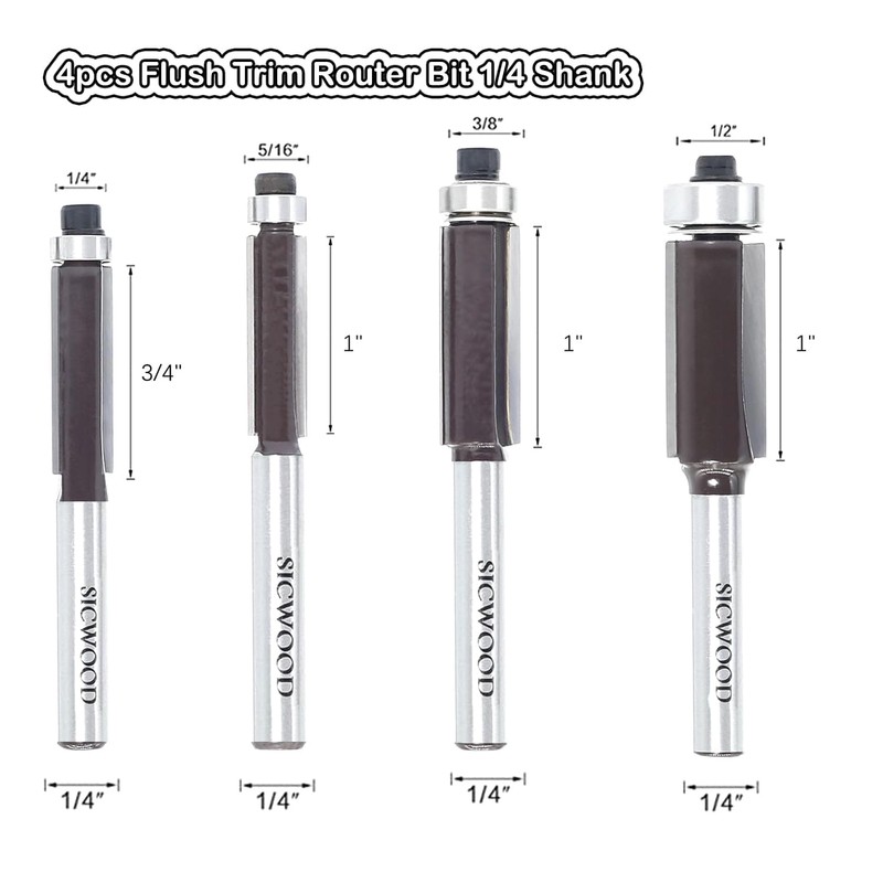 4pcs Flush Trim Router Bit 1/4 Inch Shank, Top Bearing
