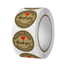 1000PCS Hand Made with Love Stickers, 1 Inch Small Round Thank You Red Heart Baking Stickers, Labels for Baked Goods Packaging, Jam, Jelly Jar Canning Bottles, Cookie Bags (Brown)