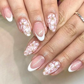 White French Tip Press on Nails Almond Medium Fake Nails with White Flower Design Glue on Nails Light Pink Nails Press ons Glossy Full Cover Artificial Stick on Nails for Women Girls 24Pcs