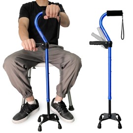 AOHHL Quad Walking Cane Foldable Adjustable Portable Stick Men & Women and Seniors - Lightweight & Sturdy with 4-Pronged Base for Extra Stability Balance,Self Standing Gifts for mom Dad(Blue)