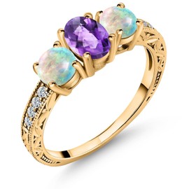 Gem Stone King 1.87 Cttw Oval Checkerboard Purple Amethyst and White Simulated Opal 18K Yellow Gold Plated Silver Ring For Women | Gemstone Birthstone | Available In Size 5, 6, 7, 8, 9