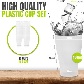 idea-station Plastic Cups 12 x 450 ml - Transparent - Plastic Cocktail Glasses - Reusable Party Cups for Hot and Cold Drinks - Perfect for Birthday Parties, Outdoor and Camping Kitchen