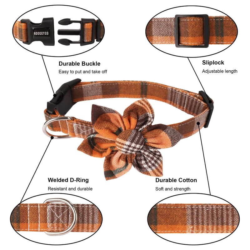 ADOGGYGO Fall Dog Collar with Detachable Floral, Adjustable Orange Plaid
