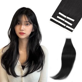 Paruks Human Hair Tape-in Extensions, Black Hair, Straight, Long Hair Extensions, Wig, Set of 10, Wig, Partial Wigs, 1#, 19.7 in (50 cm)