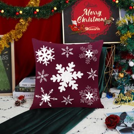 BRAWARM Christmas Pillow Cover 20 X 20 Inches, Burgundy Snowflake Embroidered Pillow Cover, Soft Velvet Decorative Throw Pillow for Couch Bed Sofa Living Room Home