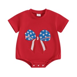 Xiaodriceee 4th Of July Baby Girl Outfit American Flag Bow Embroidery Short Sleeve Bubble Romper Newborn One Piece Jumpsuit (Red, 0-3 Months)