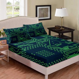 Green Geometry Fitted Sheet 90 x 200 cm Computer Networking Fitted Sheet for Children Boys Girls Adults Information and Information Technology Fitted Sheet Set Ultra Soft 2 Pieces