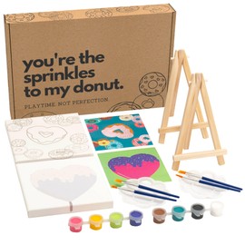 42HUES Couples Painting Kit Date Night - at Home Sip and Paint Kit for Adults and Kids - Pre Drawn Stretched Blank Canvas for Date Night Party and Mothers Day - 5x5 inch - 2 Pack Bundle (Donut)