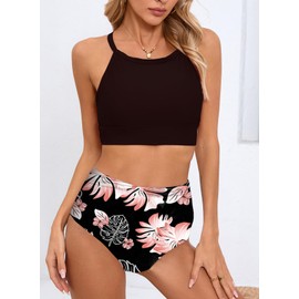 SOUYAGA Womens Bikini Set High Waisted Tummy Control Bathing Suits for Women 2 Pieces Black Bikinis Women's Print Swimsuits Medium