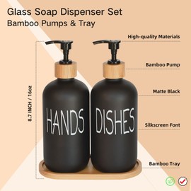 DIDROOM Glass Soap Dispenser Set. Hand Soap and Dish Soap Dispenser with Bamboo Tray. Vintage Soap Dispenser with Pump for Kitchen Sink and Bathroom. Stylish Permanent Label (Matte Black)