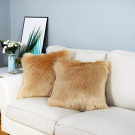 Carvapet 2 Pieces Luxury Decorative Faux Sheepskin Fur Throw Pillow Case Cushion Cover for Sofa Bedroom Couch, Khaki, 18x18 Inch