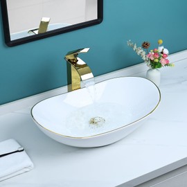 Davivy 23.2''X14.2'' Large Oval Vessel Sink with Pop Up Drain,Boat Shape Vessel Sink with Gold Trim,Bathroom Sinks Above Counter,Ceramic Vessel Sinks,Oval Sink Bowls for Bathroom (Large)