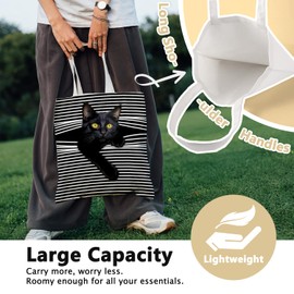 LIANGW Cute Black Cat Canvas Tote Bag Aesthetic Flowers Reusable Shopping Grocery Bags Birthday Gifts for Women & Teen Girls
