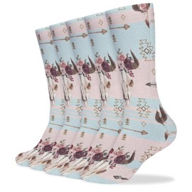 Xmkltbz 5 Pairs Soft Circulation Socks, Compression Crew Knee High Stockings Long Athletic for Running Sports 15.7x3.9 in Print Tribal Cow Bull Head with Flowers Arrows Floral Pattern