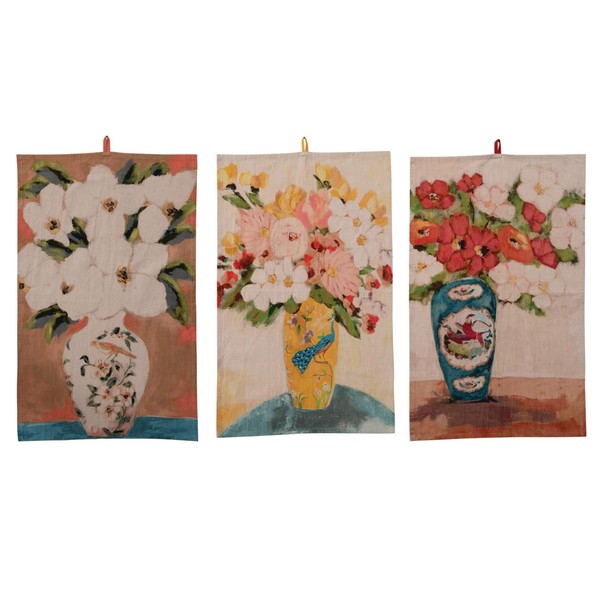 Creative Co-Op Cotton Chambray Printed Tea Towel with Flowers Vases,
