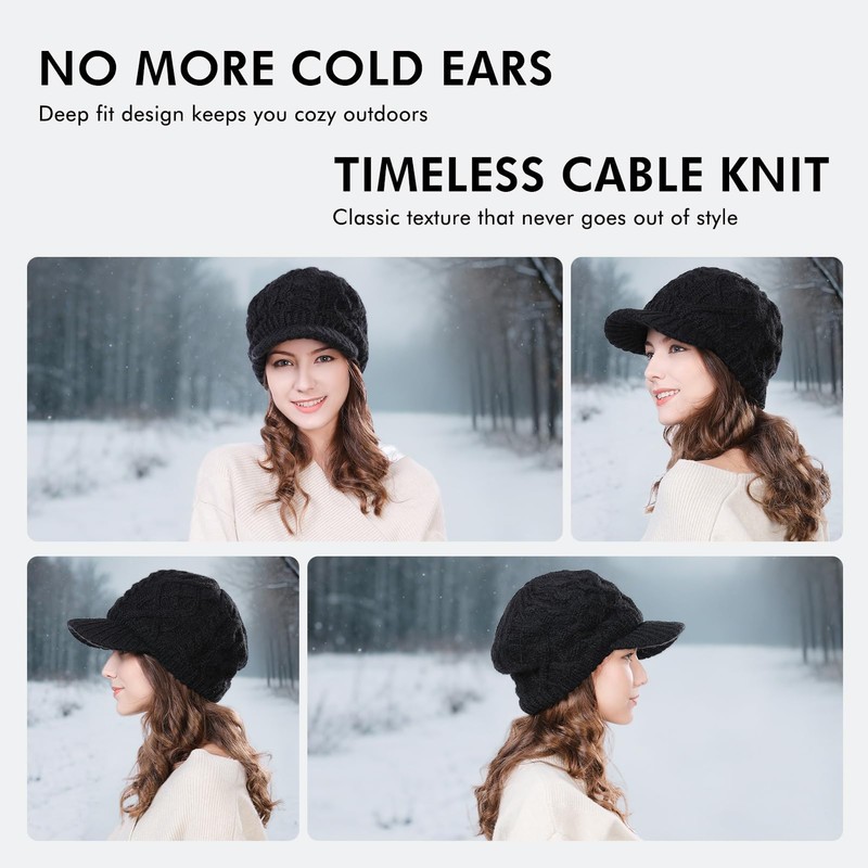 Comhats Oversized Wool Blend Visor Beanie Warm Classic Cable Knit