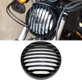 Dreamseek 5.75 inch Black Headlight Grille Cover for Harley 2004-2014 Sportster XL883 XL1200 exterior CNC Billet Aluminum Front Head Lamp Guard Grille Trim Black