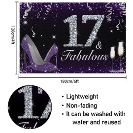 HAMIGAR 6x4ft Happy 17th Birthday Banner Backdrop - 17 & Fabulous Heels Birthday Decorations Party Supplies for Girls - Purple