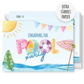 møij 12 x Invitation Cards + Matching Envelopes for Girls and Boys Children's Birthday - Beautiful Cards with Pool Party Motif