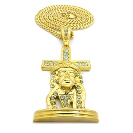 Hip Hop Iced Out Jesus Face on Cross Pendant 36" Cuban Chain Necklace in Gold Color Plated (Gold / 6mm 36" Cuban Chain)