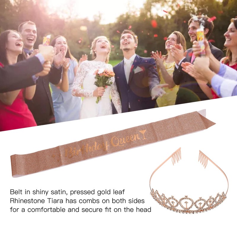 2 Sets Bridal Sash Rhinestone Tiara Kit Shiny Rose Gold