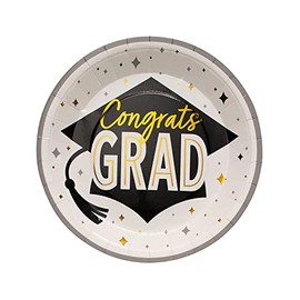 Fun Express Black & Gold Blue Graduation Party Congrats Grad Paper Dessert Plates - Disposable Dinnerware for Birthday Wedding,Graduation - Perfect for Treats and Festivities - 25 Pieces