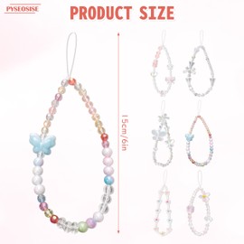 PYSEOSISE Beaded Phone Charm, 6 Pcs Beaded Phone Wrist Strap, Butterfly and Flowers Cellphone Lanyard Universal Wrist Lanyard for Women Camera Key Purse Bag Decoration