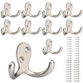 Coat Hooks, 10 Pack Heavy Duty Double Prong Wall Mounted Robe Hooks with Screws, Coat Hanger Hooks for Hanging Coat, Hat,Towel,Scarf, Bag, Key, Cap, Cup (Silver)