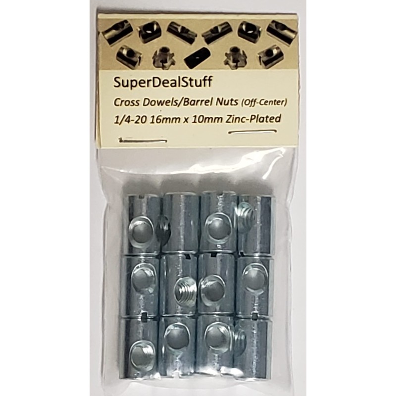 (12) Cross Dowels/Barrel Nuts - 1/4-20 16mm X 10mm Zinc-Plated
