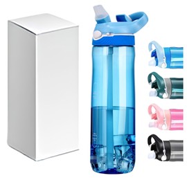 TCKJ 25oz Water Bottle with Straw, Clip, Handle & Marker, Tritan BPA-Free Sport Water Bottle for Men & Women, Travel Clear Water Bottle for Outdoor & School (Blue)