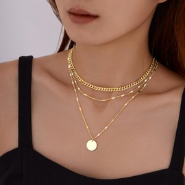 WomenGifts Layered Gold Necklaces for Women, 14K Gold Plated Dainty Pendant Necklace Set with Double Diamond Circle, Chunky Stackable Cuban Chain Choker, Trendy Waterproof Jewelry Gift