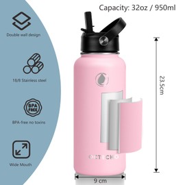 OcTecho Metal Water Bottle with Straw, 950ml Stainless Steel Water Bottle 2 Leakproof Lids, BPA Free Double Walled Vacuum Insulated Water Bottles Thermal for 12h Hot & 24h Cold,for Man,Woman-Pink
