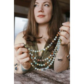 KOOUNUATA Long Amazointe Beaded Necklace for Women Knotted 8mm Gemstone Mala Meditation Jewelry for Prayer 59’’