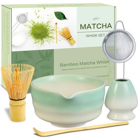 Matcha Whisk Set, Ceramic Matcha Bowl with Spout, Bamboo Whisk, Traditional Scoop, Chasen Holder, Powder Sifter, Japanese Tea Making Kit for Matcha Lovers Beginners Birthday Christmas Gift