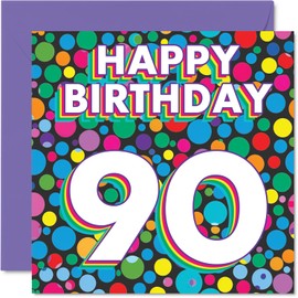 Stuff4 90th Birthday Cards for Men Women - Funky Rainbow Dots - Happy Birthday Card for 90 Year Old Man Woman Grandma Auntie Nanny Dad, 5.7 Inch Bday Greeting Cards
