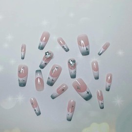 24PCS Grey French Tips Press on Nails Medium Length Fake Nails Glitter with Soot Gradient Silver Stars Heart Rhinestones Exquisite Design Full Cover Glossy Artificial Acrylic fingernails for Women