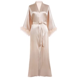 PRODESIGN Satin Kimono Robe Long Bath Robe with Ostrich Feather Trim Sleepwear Wedding Bridesmaid Robe