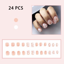 24Pcs Summer Flowers Press on Nails Short Square French Tips Fake Nails with White Flowers Designs Full Cover False Nails Summer Cute Floral Stick on Nails Glossy Artificial Acrylic Nails for Women