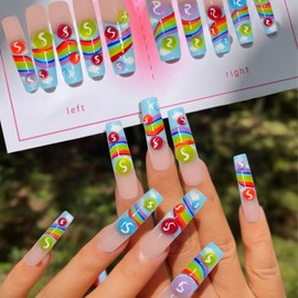 GREENTEA Handmade Nail Summer Rainbow Skittles Design Press-On Nails, Long Coffin Style with Clou d, Custom Nail Art Set,10 Pieces,Size-M