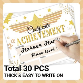 Doodlream 30PCS Gold Stars Certificate of Achievement Completion Award Recognition Paper, 25 x 20cm Blank Student Sport Activities Award Preschool Kindergarten Graduation Diploma Certificates
