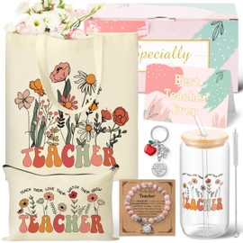 Y1tvei Best Teacher Gifts, Teacher Appreciation Gifts for Women, Birthday, Back to School, Thank You Present for New Teacher-16 OZ Glass Tumbler Cup Canvas Tote Makeup Bag Apple Keychain Pink Bracelet