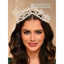 Yean Gold Crowns Crystal Wedding Crowns Tiaras Pearl Flower Headwear Hair Accessories for Women and Girls