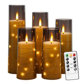 Nimiko Flickering Flameless LED Candles,Battery Operated Candles 5 Pcs with Embedded Star String,Acrylic LED Pillar Candles with Remote,Suitable for Home Decoration to Create an Atmosphere（Grey）