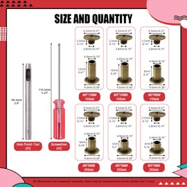 Hilitchi 110 Sets Bronze Chicago Screws Buttons Flat Head Screws Leather Rivets Carbon Steel Round Binding Screws Rivets Nail Rivets Leather Rivets with Mounting Tool (M5 x 4,5,6,8,10,12)