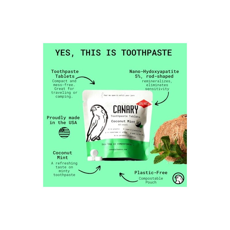Canary Nano Hydroxyapatite Toothpaste Tablets Coconut Mint - Remineralizing, Fluoride